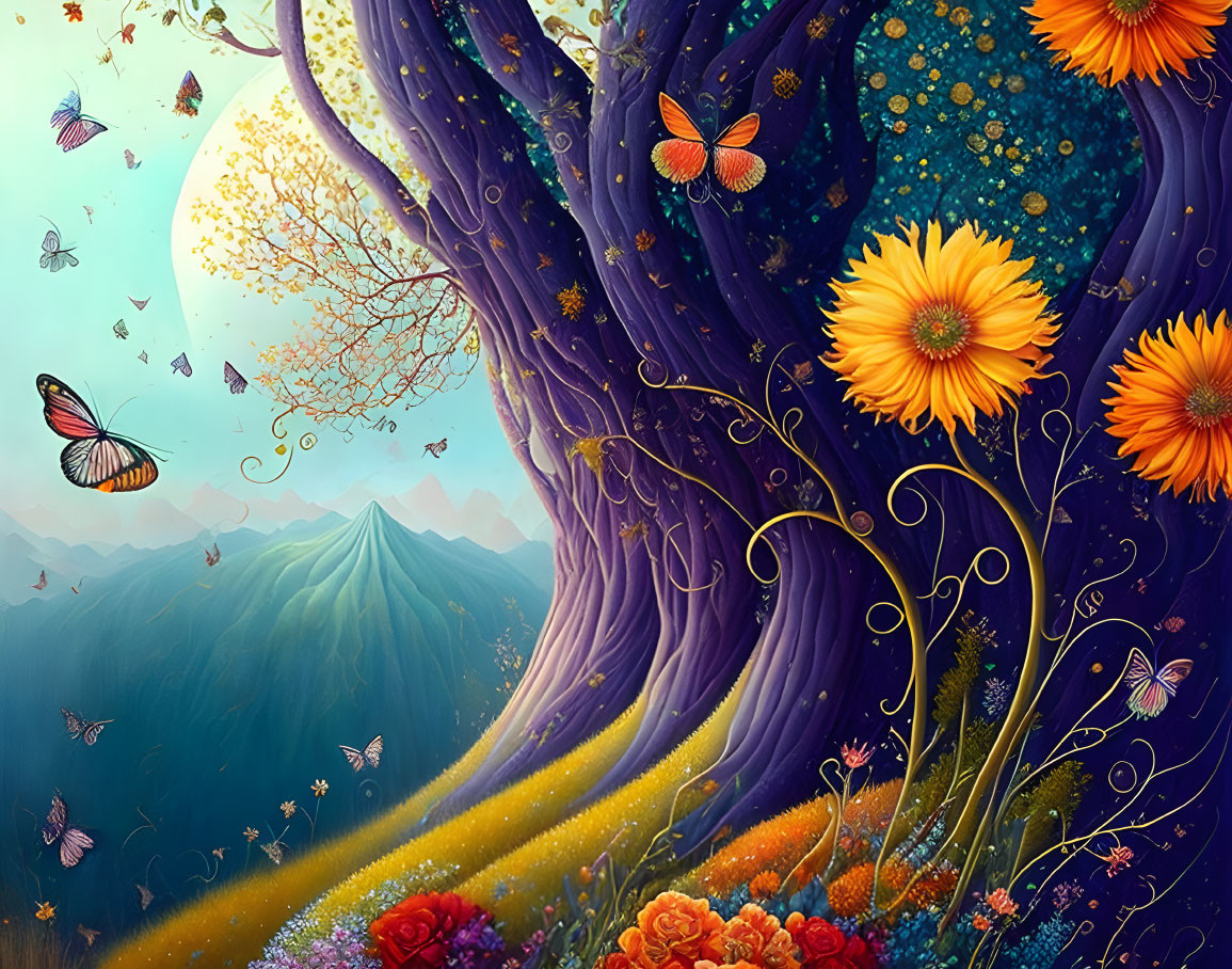 Colorful illustration: Magical forest with purple trees, glowing flowers, butterflies, mountain view
