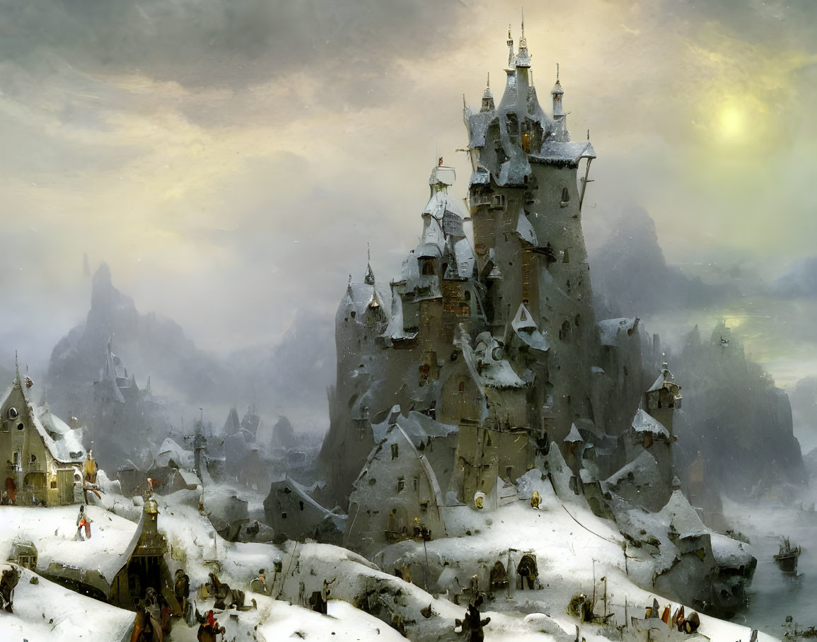 Snow-covered castle on rocky peak above village under yellow-tinted sky