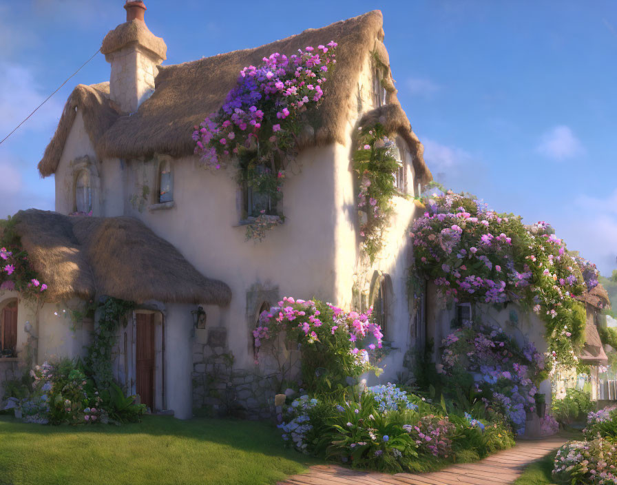 Thatched cottage with pink flowers, stone path, and serene sky