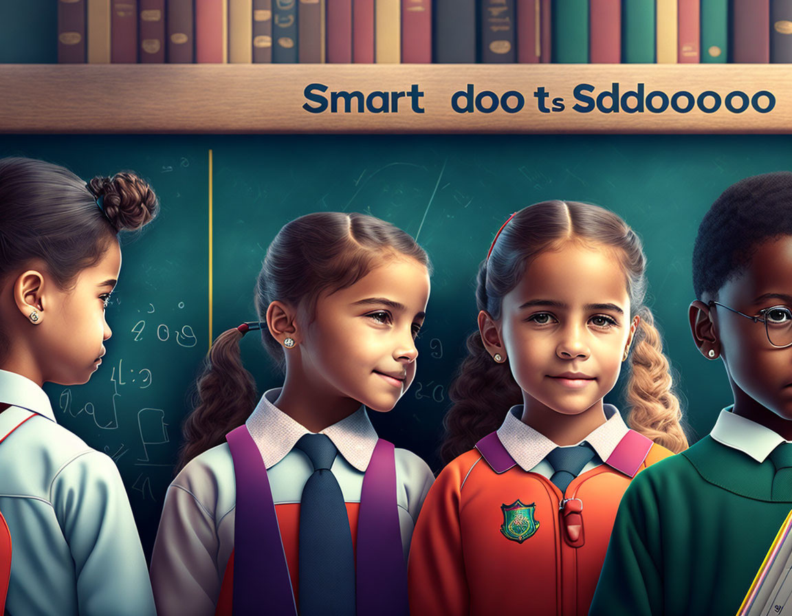 Four children with backpacks in front of chalkboard with text "Smart doo ts Sdoooo