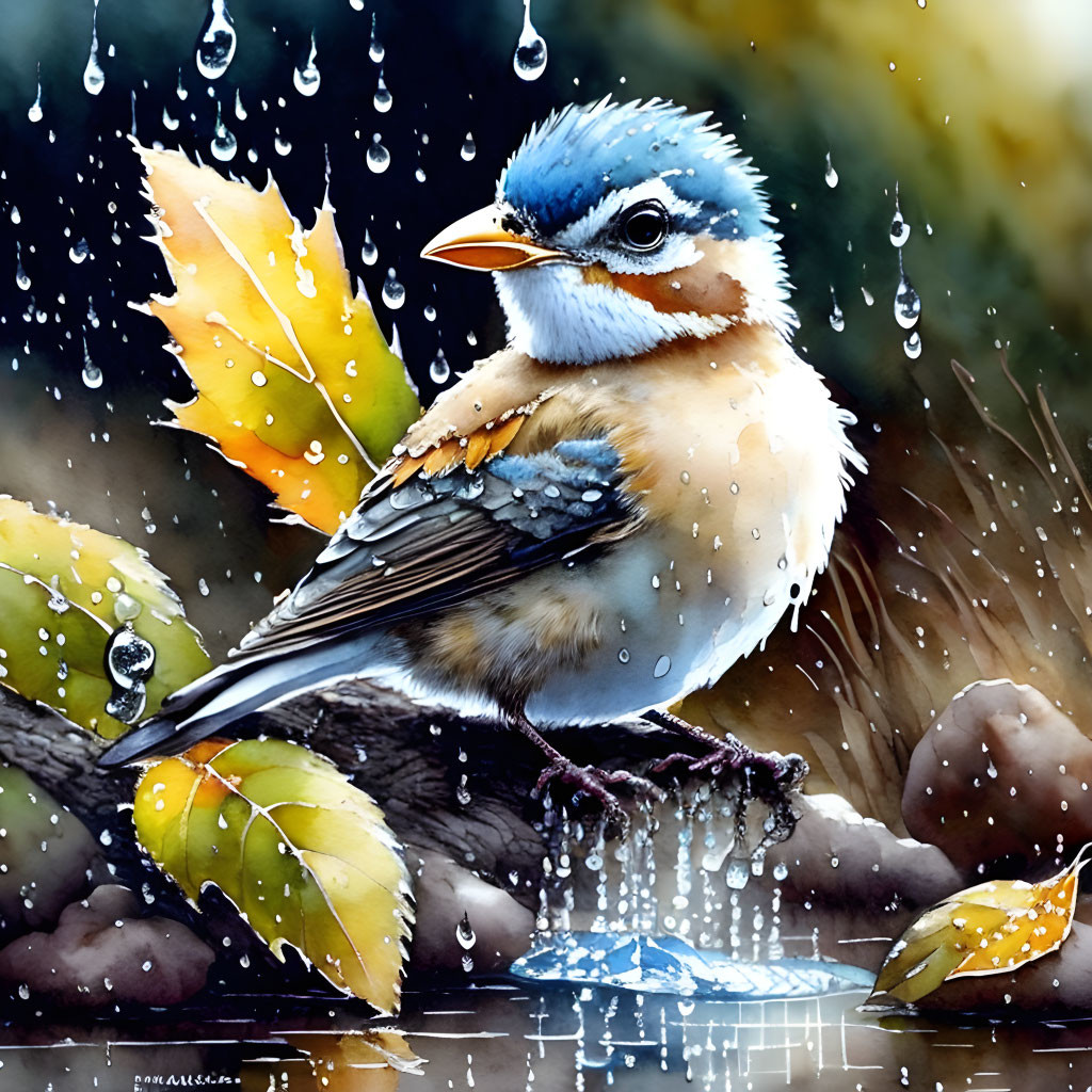 Colorful Bird Watercolor Painting on Branch with Raindrops and Leaves