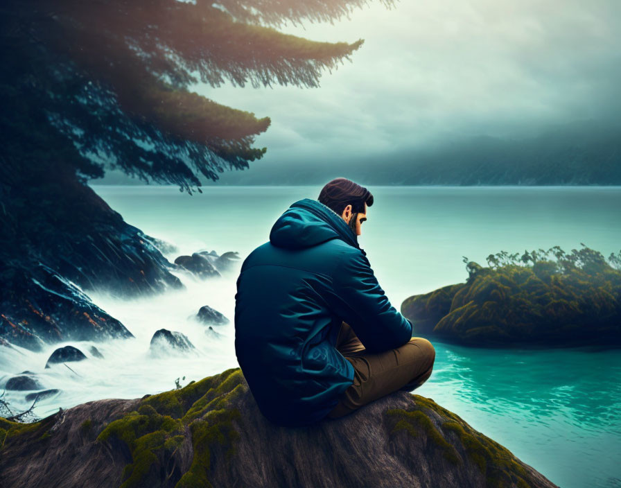 Person in Warm Jacket Overlooking Misty Turquoise Lake and Forested Mountains