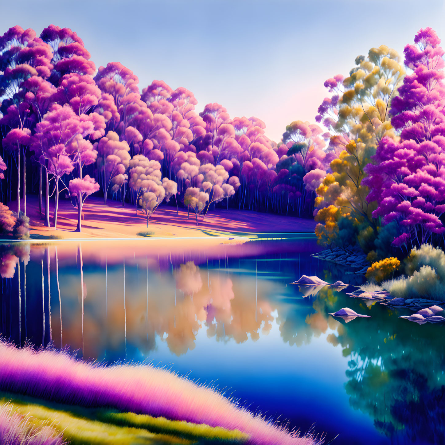 Vibrant surreal landscape with pink and purple trees by tranquil lake