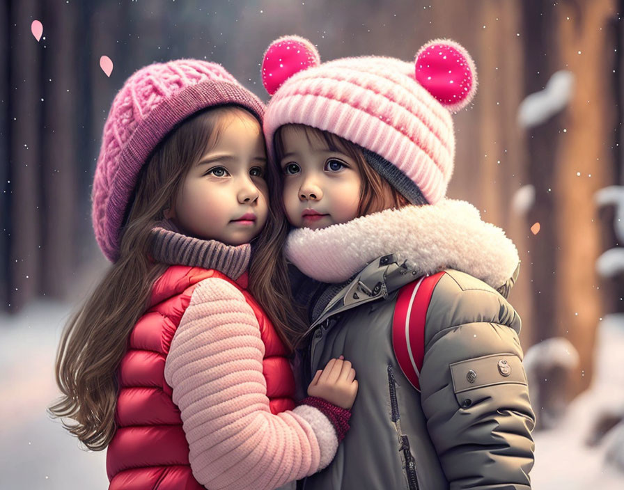 Two young girls in cute hats hugging in snowy scenery