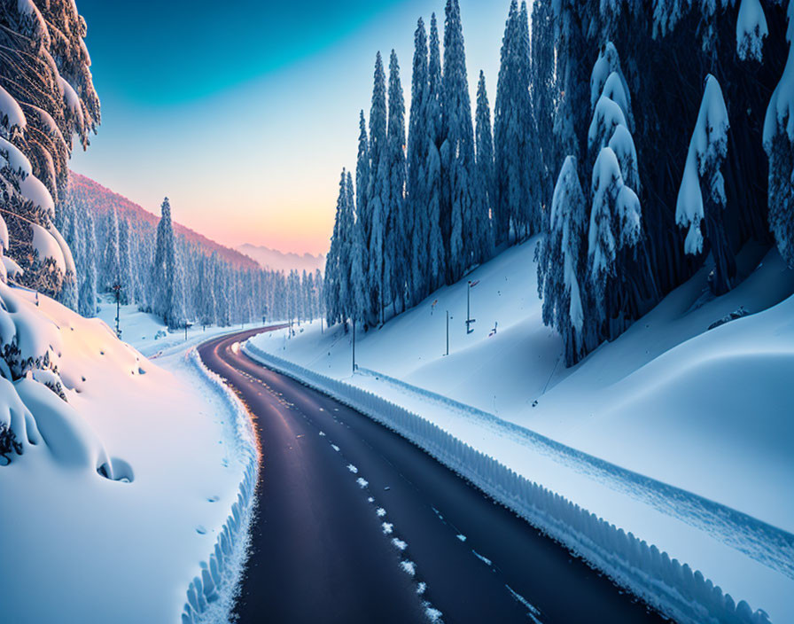 Snow-covered forest with winding road under pastel twilight sky