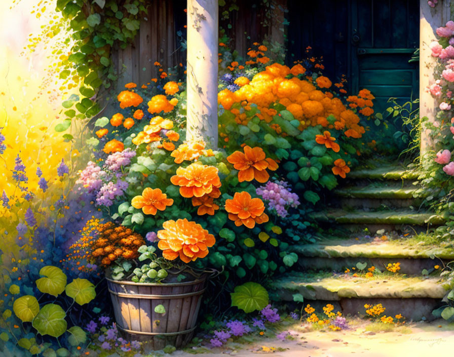 Lush Garden with Orange Flowers, Wooden Door, and Stone Staircase