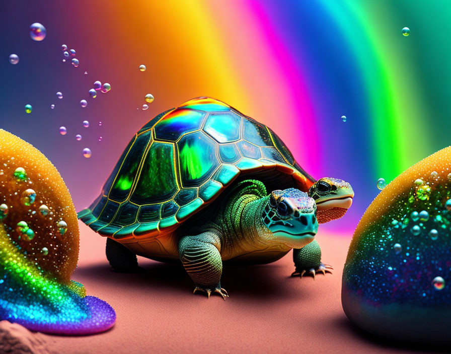 Colorful Turtle Illustration with Rainbow Beams and Bubbles