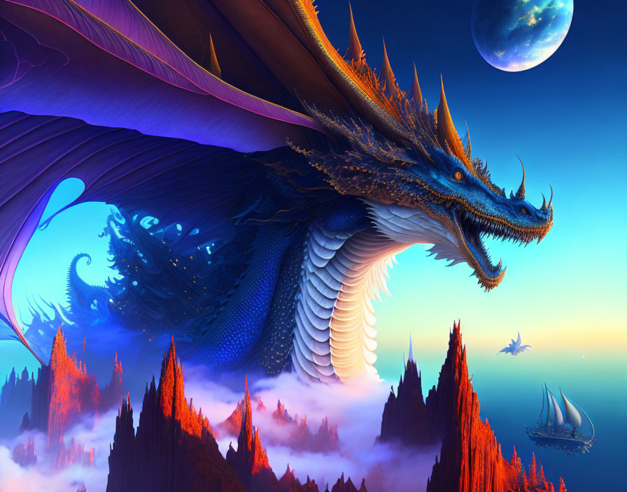 Blue dragon flying over red rocky spires under twilight sky