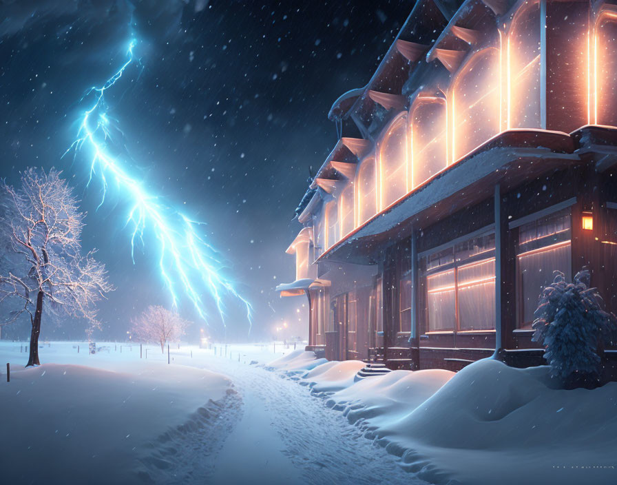 Snowy Night Scene: Cozy House with Lightning Bolt in Sky