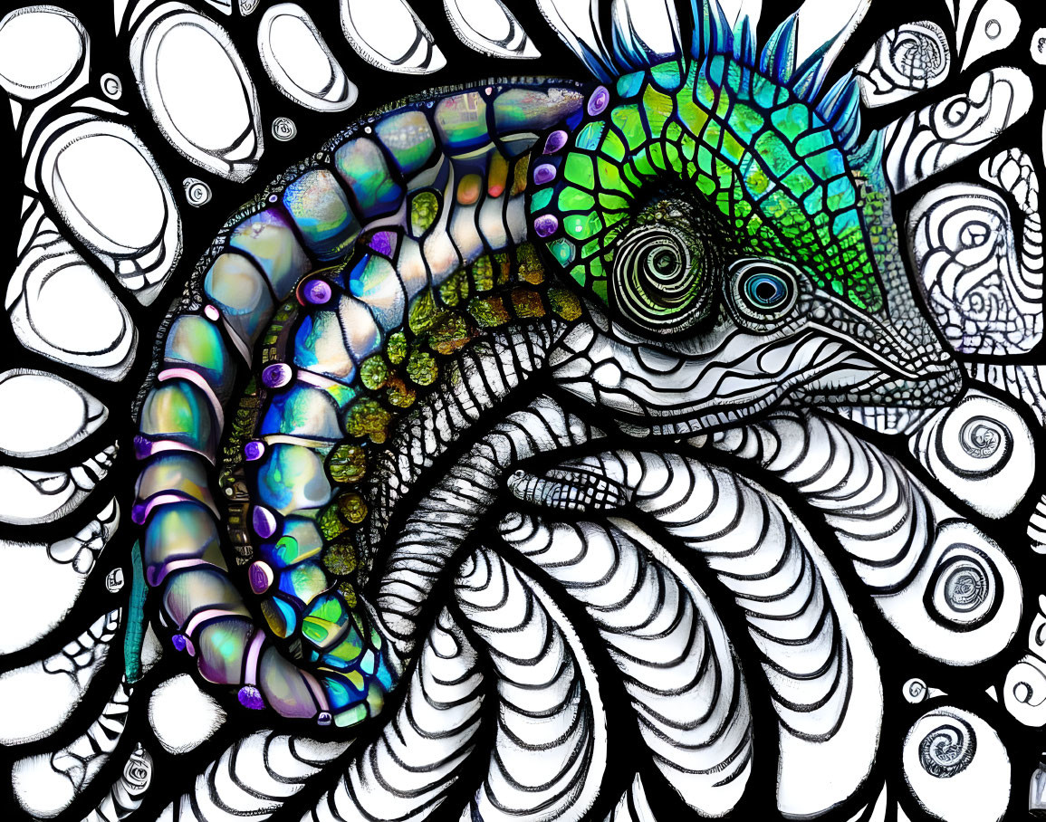 Vibrant chameleon on intricate black and white patterned background