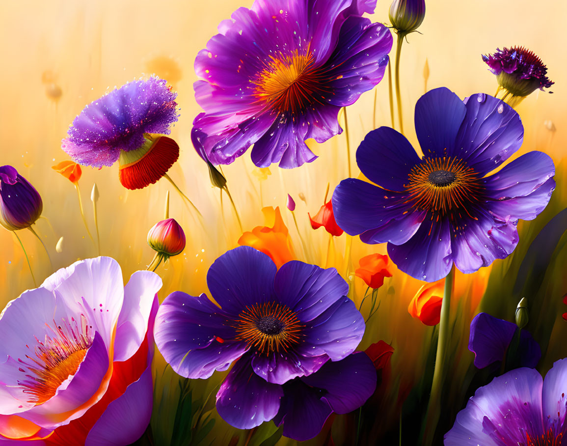 Colorful Purple and Red Flowers with Golden Centers in Lush Greenery