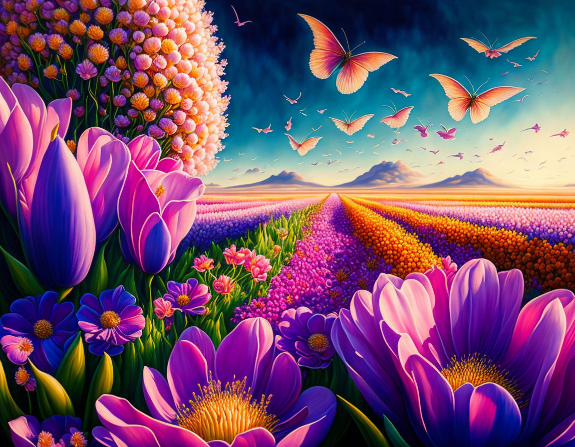 Colorful Tulip Field Painting with Flower-Covered Tree and Butterflies