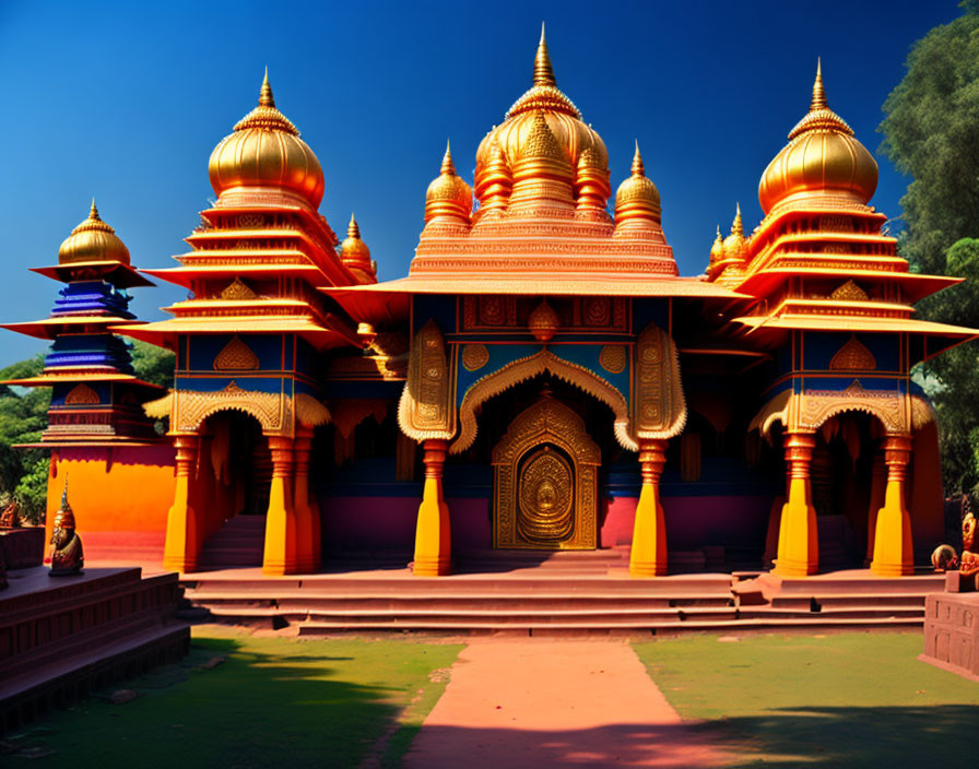 Golden domed temple surrounded by lush greenery under clear blue sky