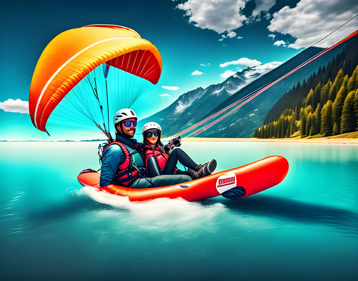 Paragliding Duo Soaring Above Blue Lake and Pine-Covered Mountains