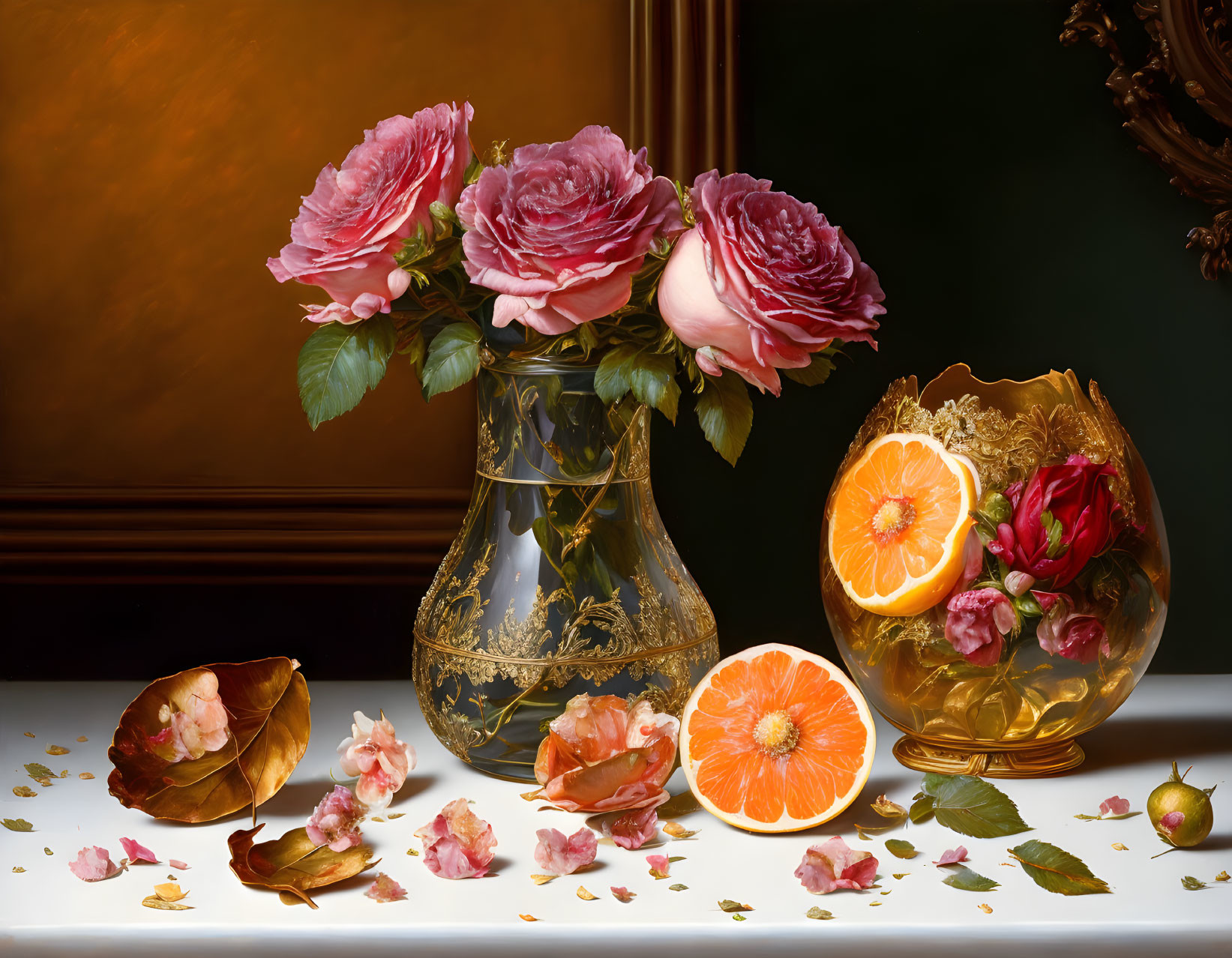 Lush Pink Roses, Orange Slice, and Golden Bowl Still Life Composition