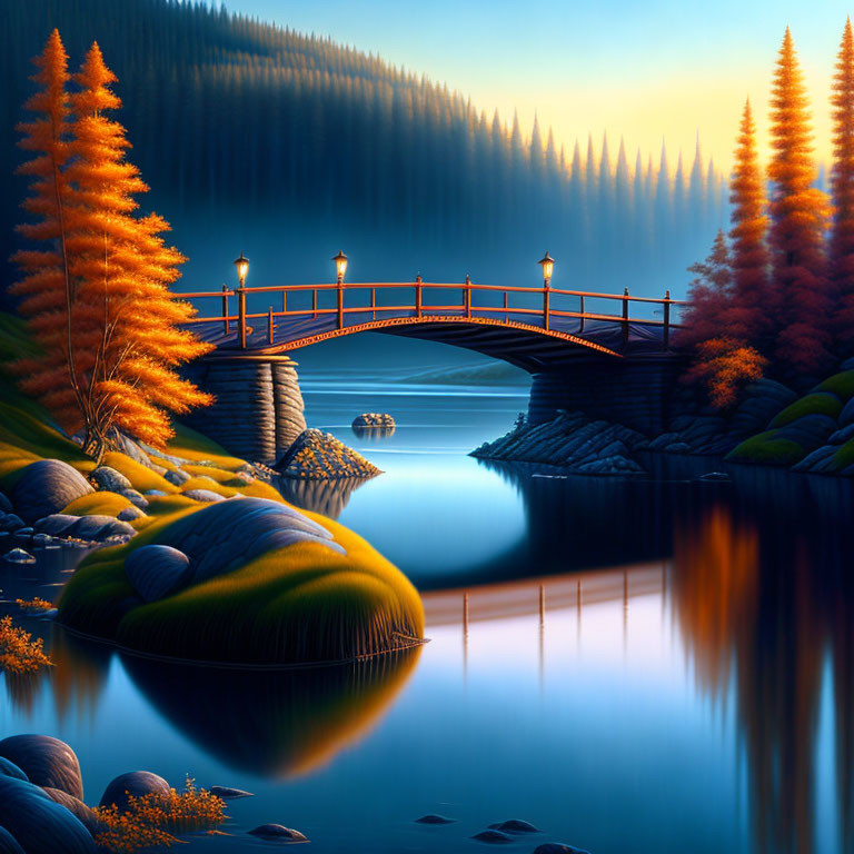 Tranquil wooden bridge over serene lake at twilight