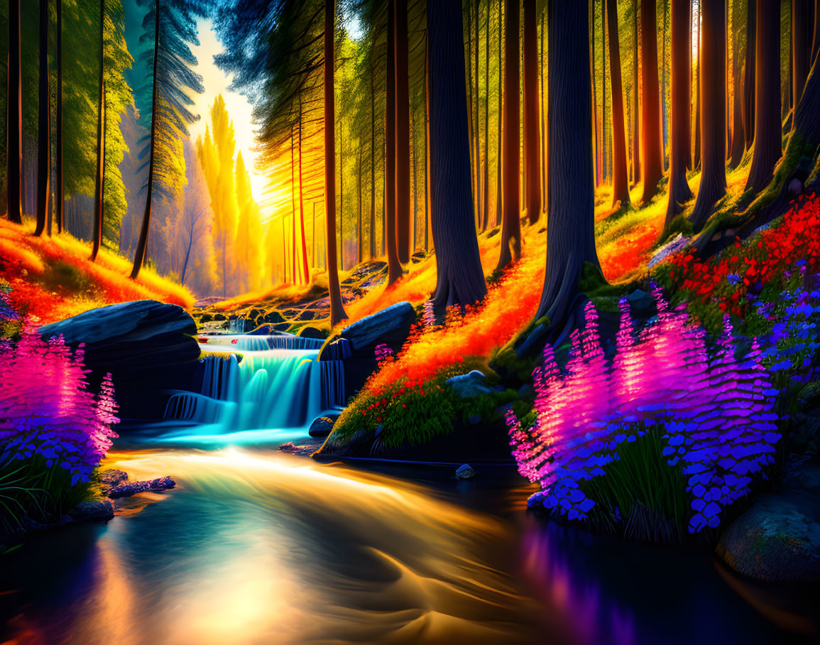 Lush forest scene with flowing stream and sunbeams