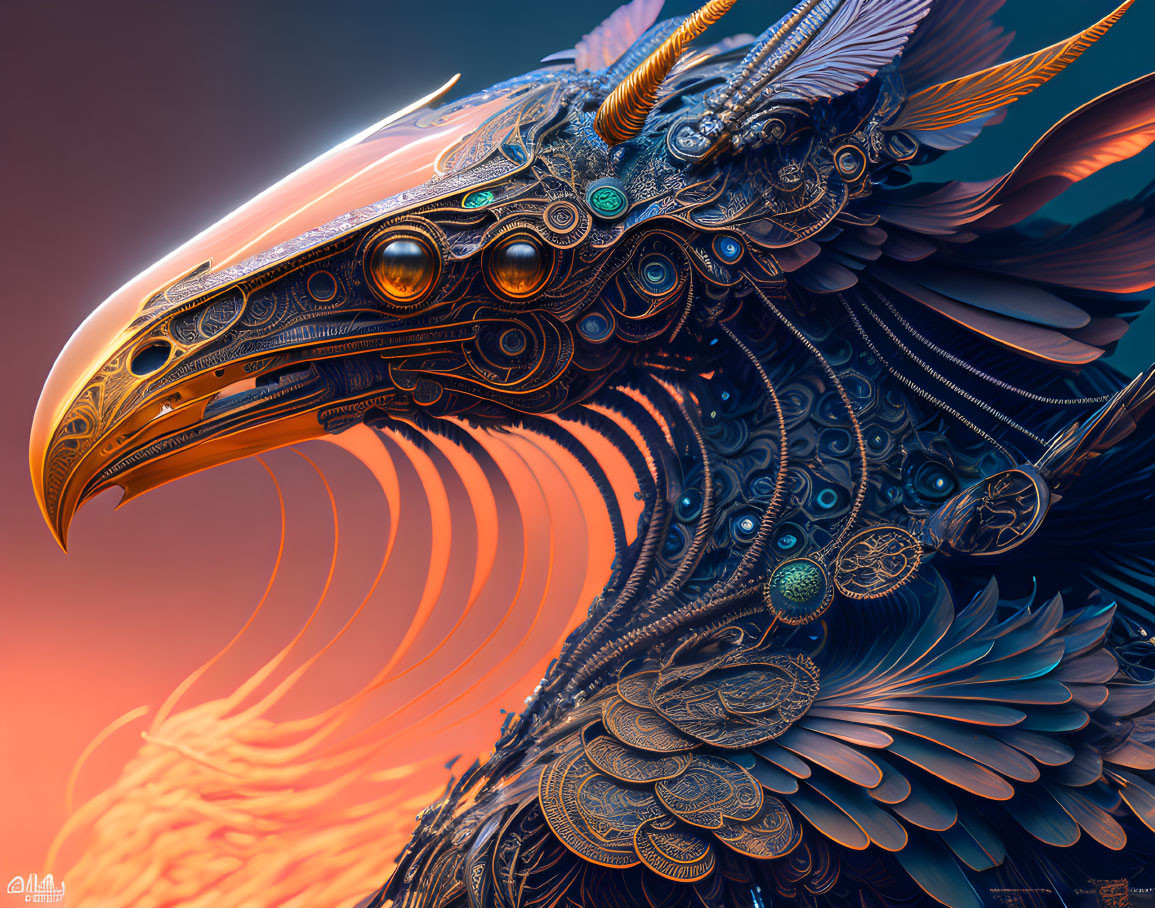 Detailed digital art: fantastical mechanical bird with ornate feathers and gears on orange gradient.