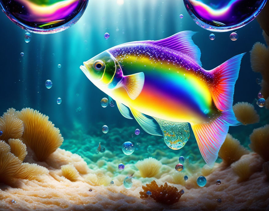 Colorful Rainbow Fish in Blue Underwater Scene with Bubbles and Coral Reefs