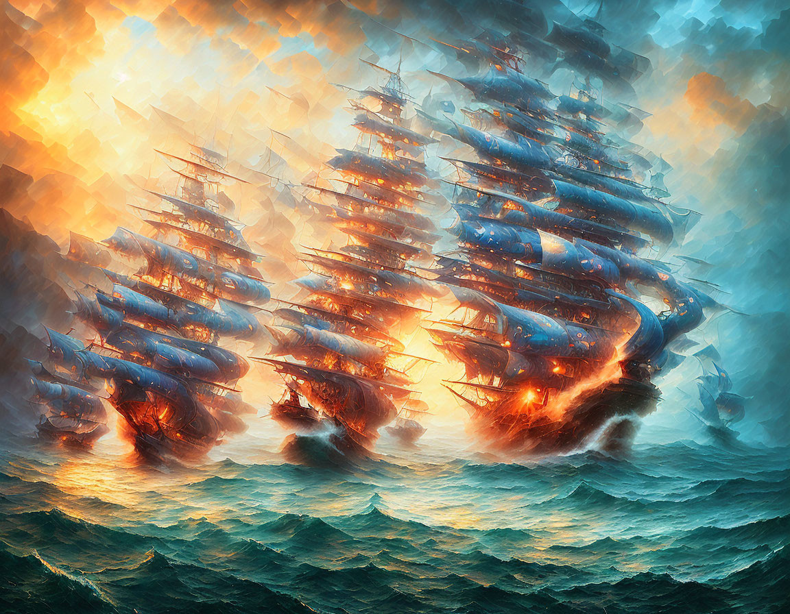 Majestic sailing ships in fiery sea battle