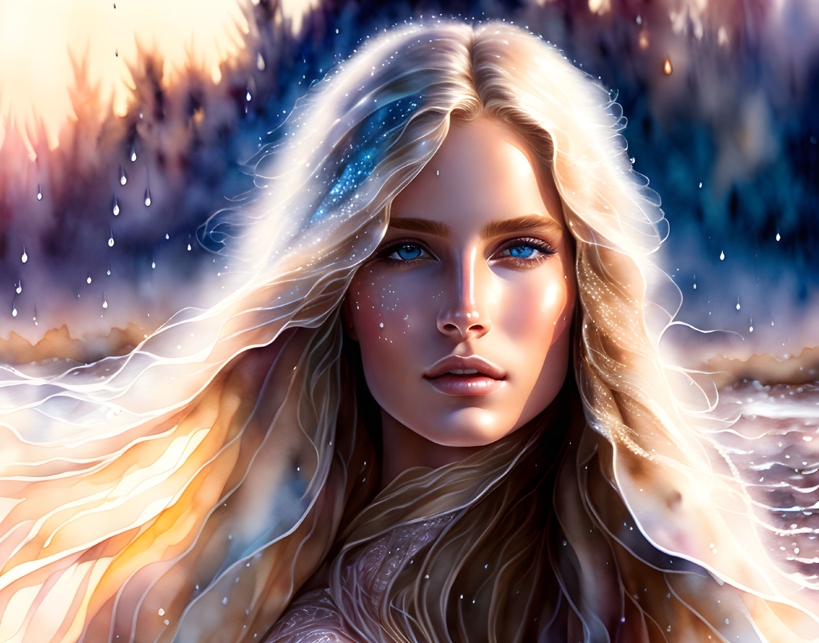 Blonde Woman with Blue Eyes in Snowy Scene