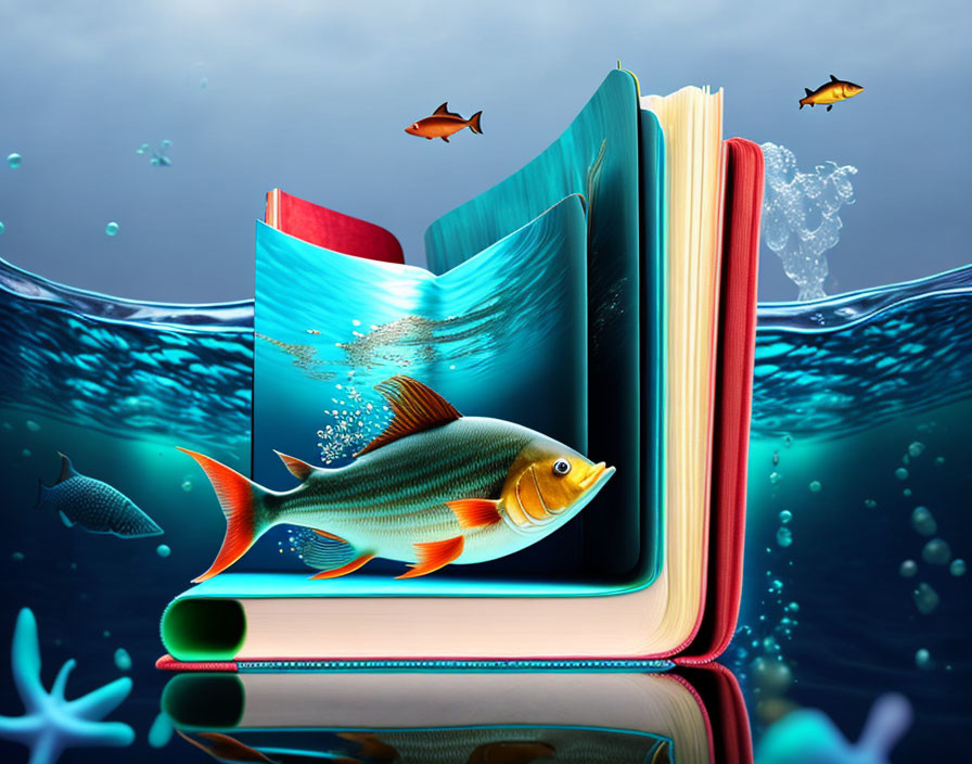 Open book transforms into vibrant ocean scene with swimming fish