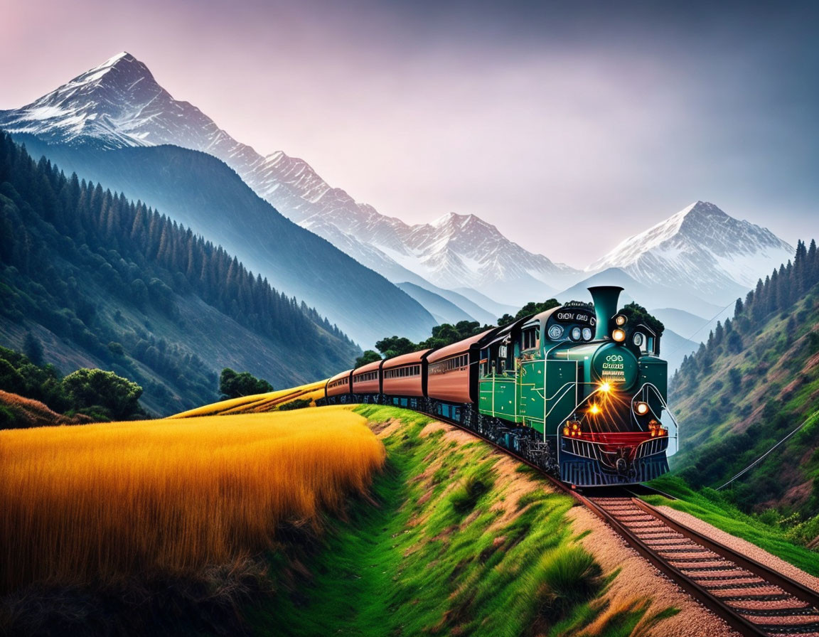 Vintage train journey through vibrant landscape with golden fields and snow-capped mountains