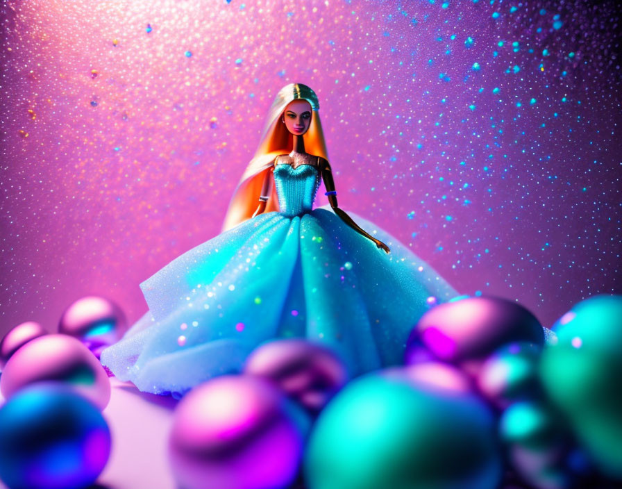 Long-haired doll in blue dress surrounded by colorful spheres on glittery backdrop