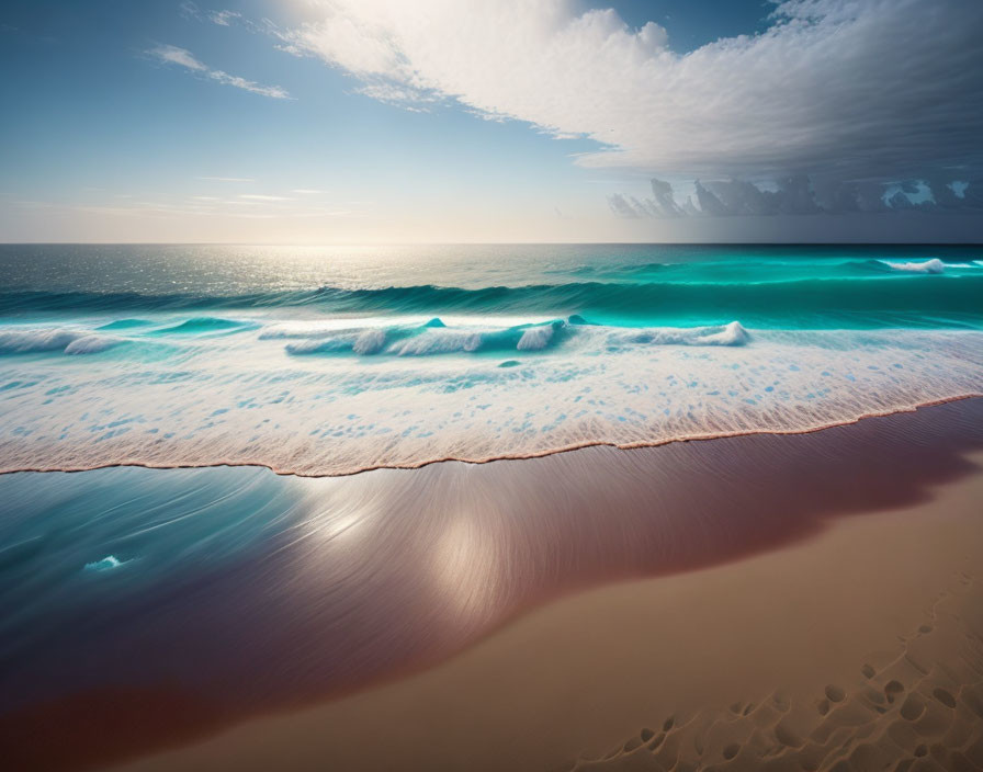 Tranquil beach scene with soft waves and cloudy sky