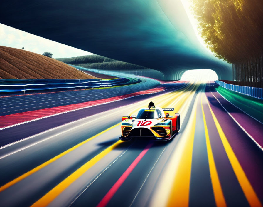 Colorful futuristic race car on neon track with light tunnel and trees