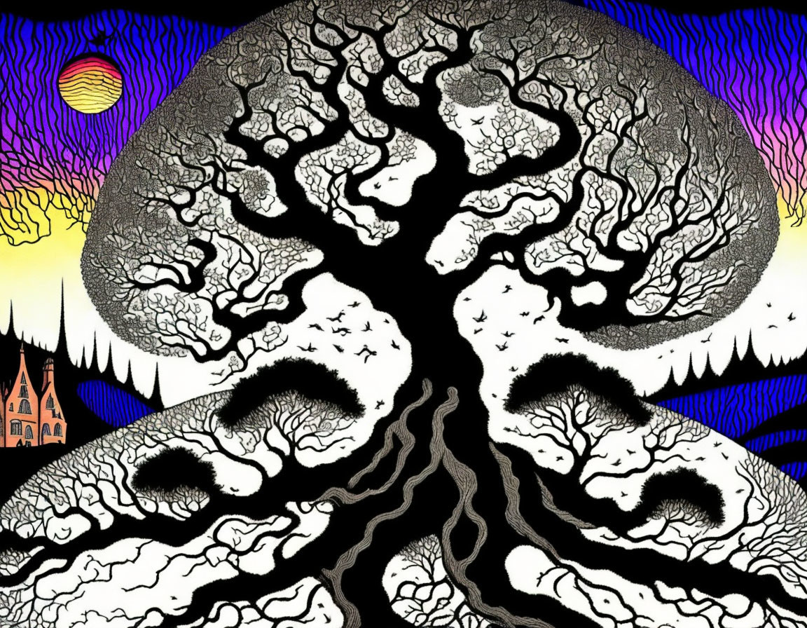 Detailed black and white brain-like drawing with tree patterns on colorful background.