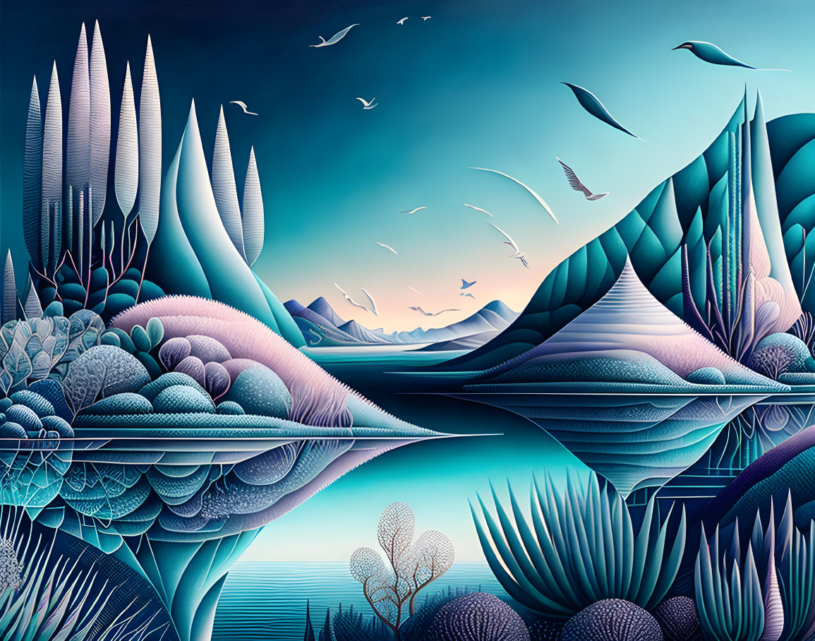 Abstract geometric landscape with mountains, foliage, and birds under gradient sky