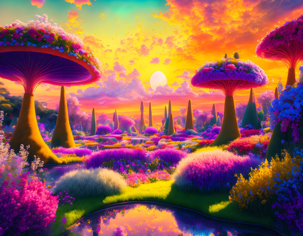 Colorful Landscape with Mushroom-like Structures and Vibrant Flora under Sunset Sky