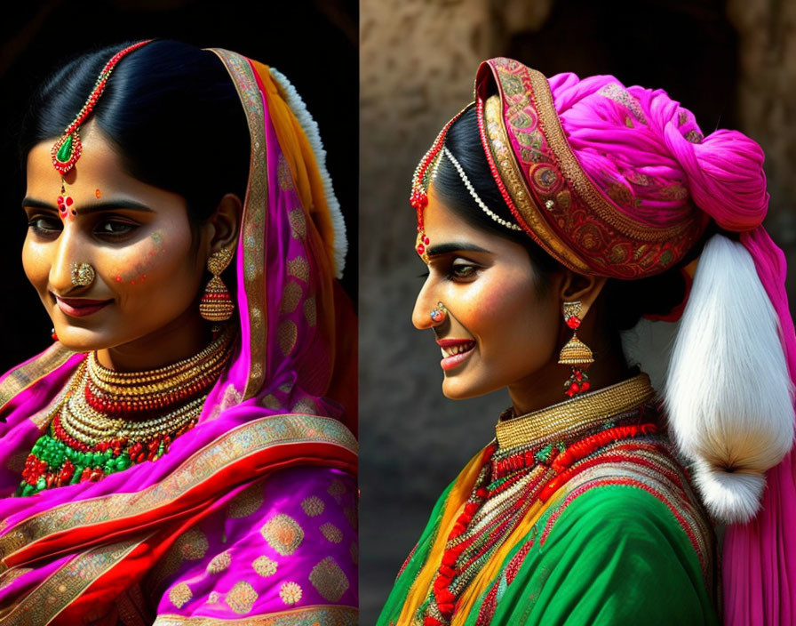 Traditional Indian Attire with Elaborate Jewelry and Braided Hairstyle