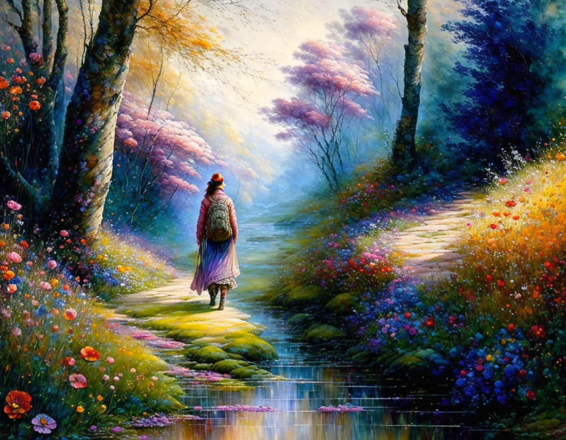 Person walking on forest path with stream, vibrant flowers, and autumn trees.