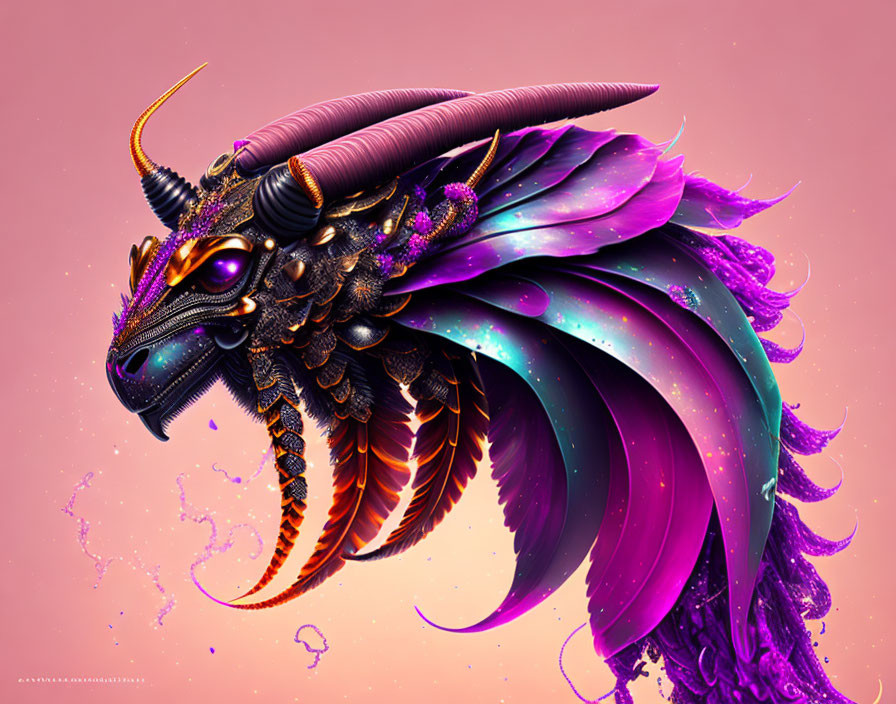 Colorful digital artwork: Mythical creature with horns, feathers, scales in purple and orange on pink