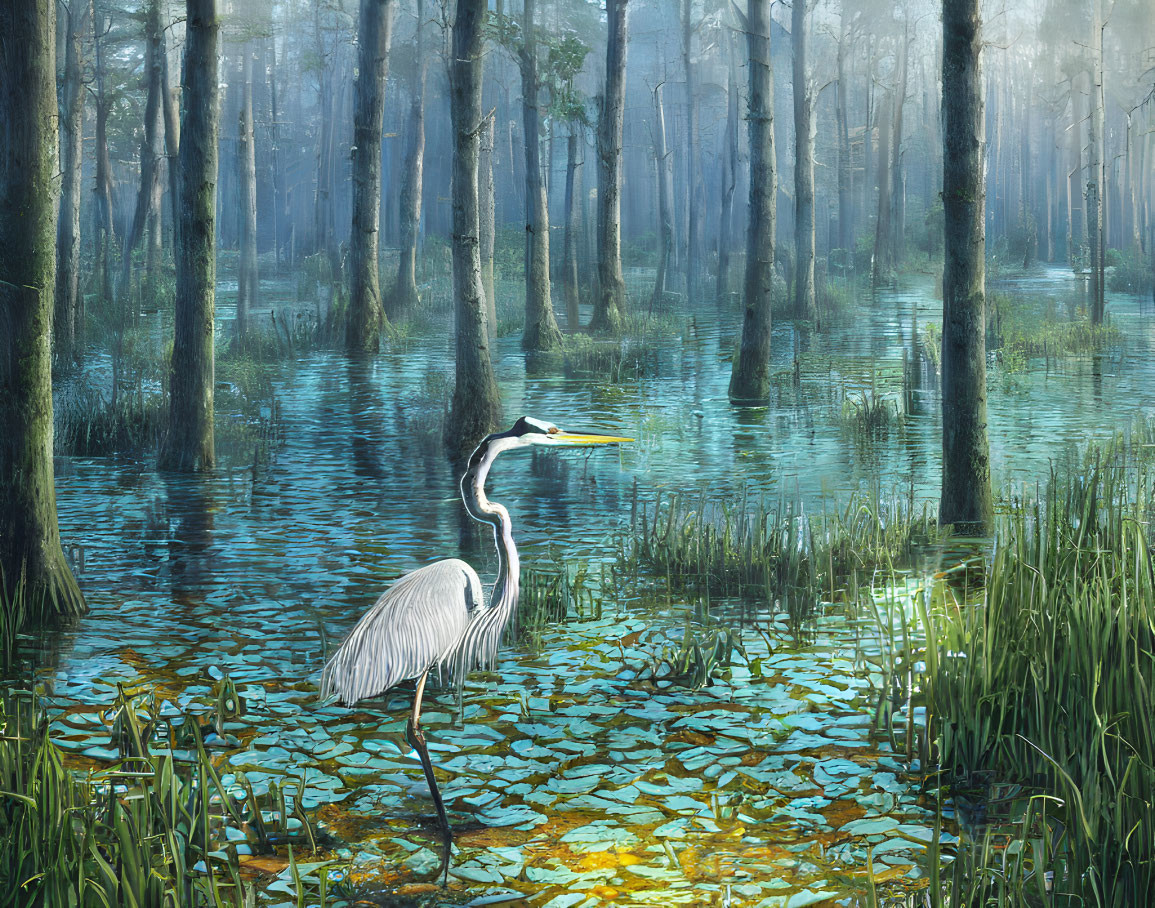 Heron in sunlit forest with lily pads