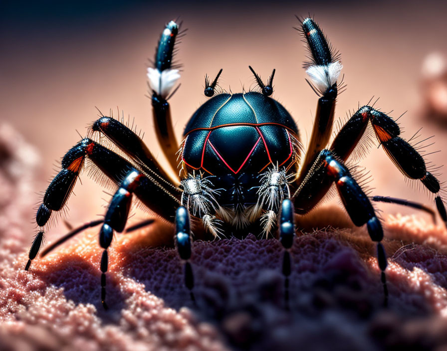 Detailed close-up of spider with striking body patterns and sharp leg details on soft background