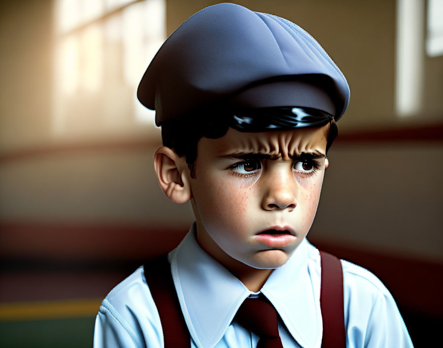 3D-rendered image of a sad young boy in cap, tie, and suspenders