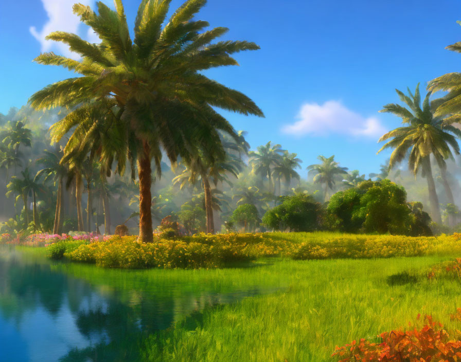 Tropical scene with palm trees, flowers, and calm water under hazy sky