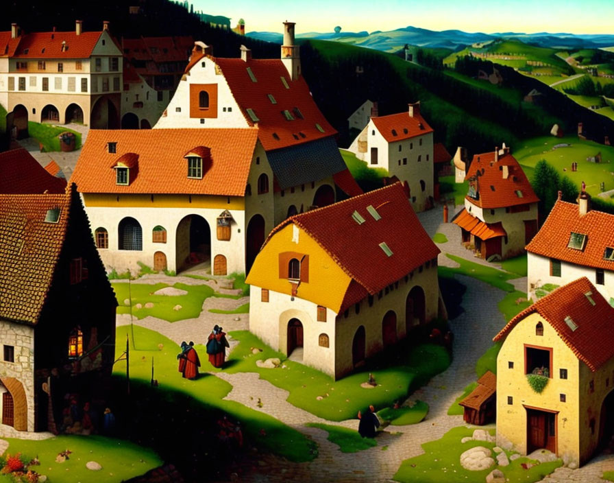 Medieval village painting with townsfolk, cobblestone roads, and rolling hills