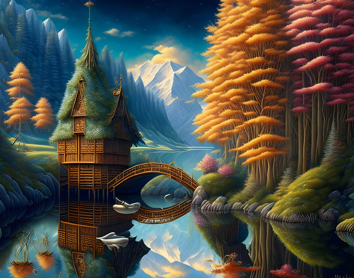 Fantasy landscape with wooden house, lake, swans, bridge, colorful trees, mountains, star