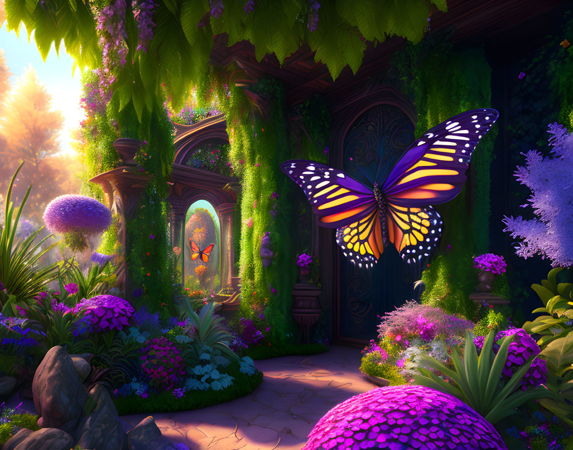 Colorful garden scene with butterfly and magical doorway.