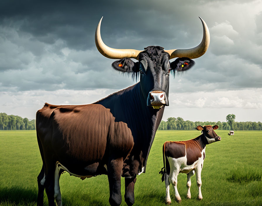 Digitally altered image of oversized cows with large horns in surreal setting