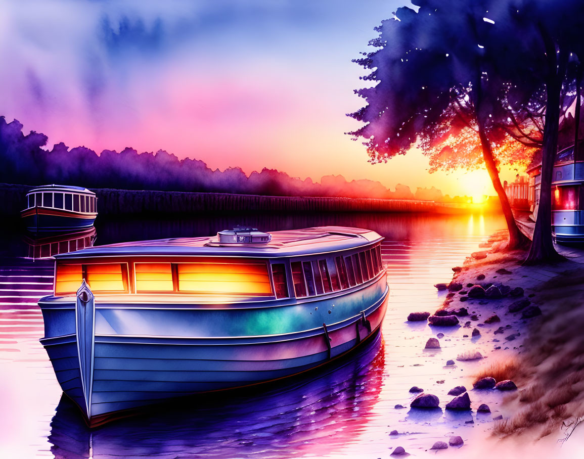 Serene river sunset scene with boats and tree reflections