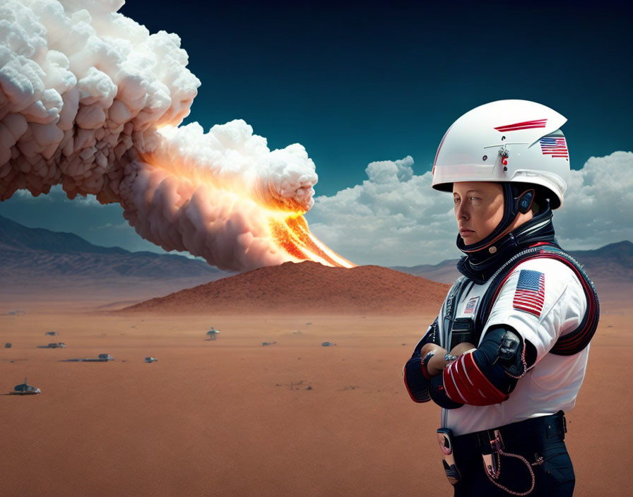 Astronaut observing volcanic eruption in desert landscape