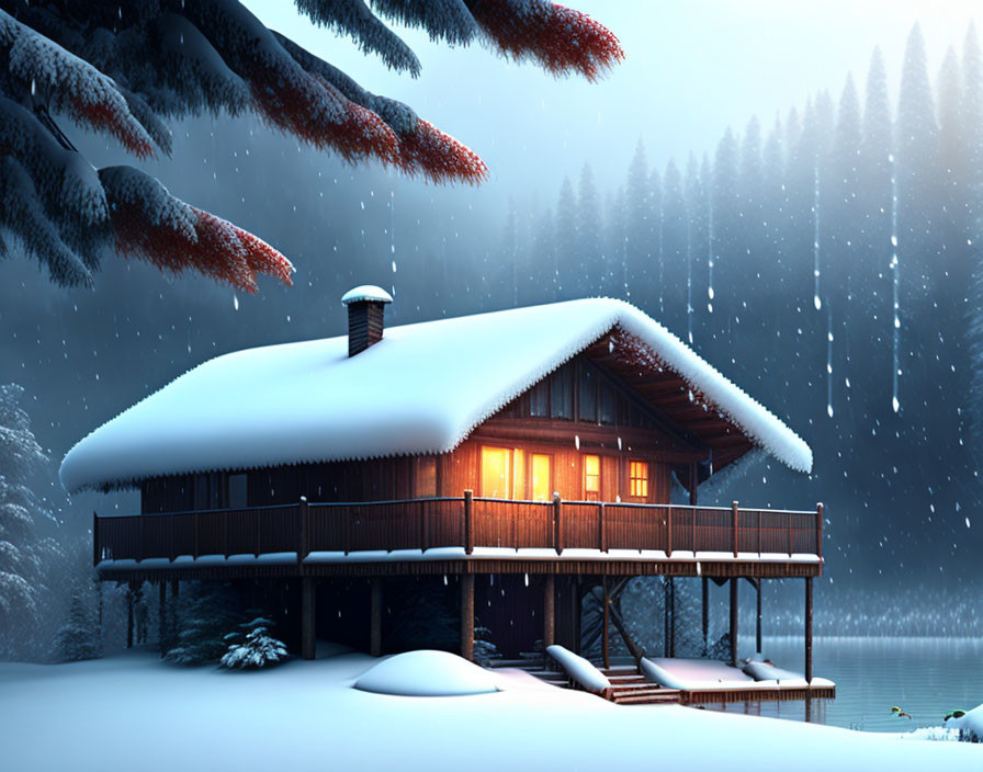 Snow-covered wooden cabin in serene winter landscape