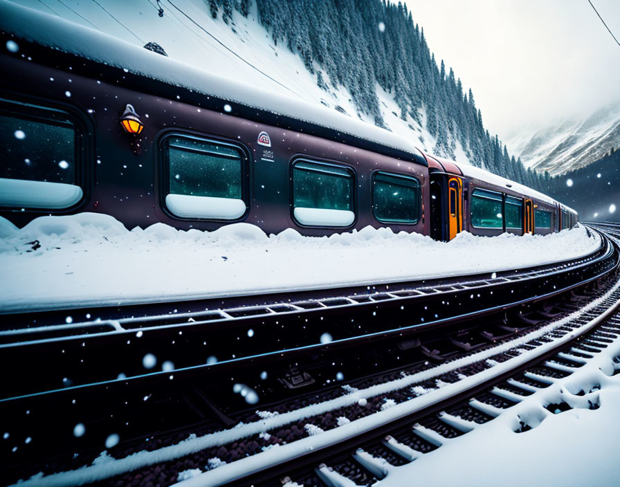 Snowy train on tracks in mountain landscape with lit windows