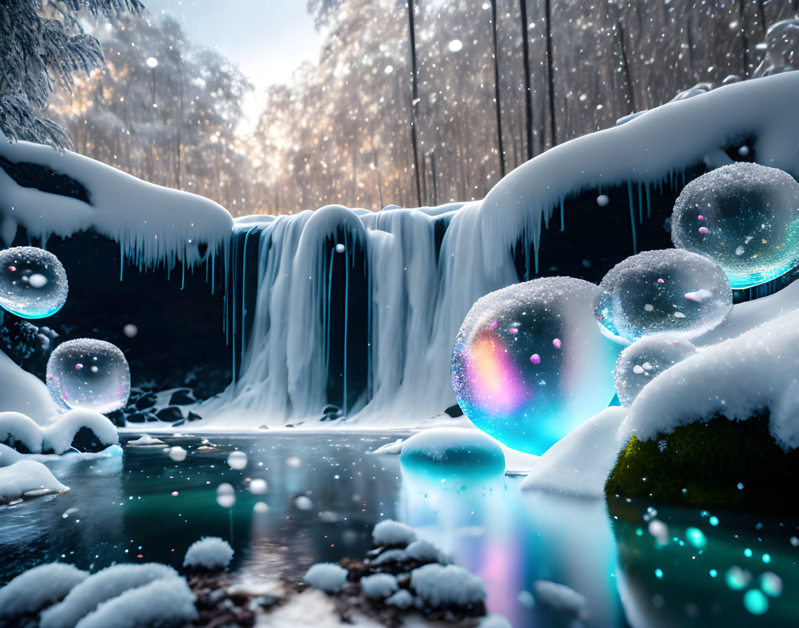 Winter Waterfall with Icicles and Snow-Covered Rocks in Forest