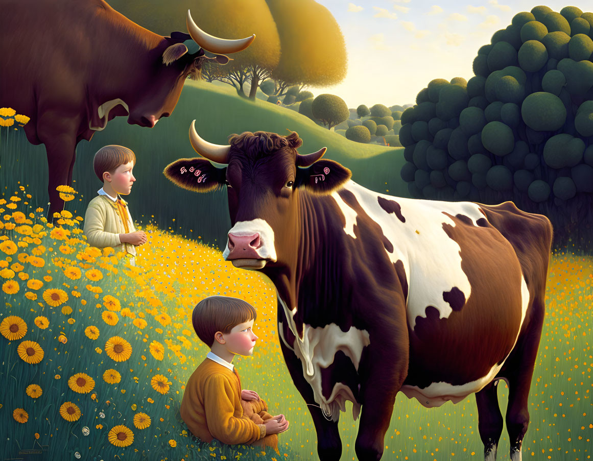 Illustration of two boys, cow, sunflowers in lush meadow